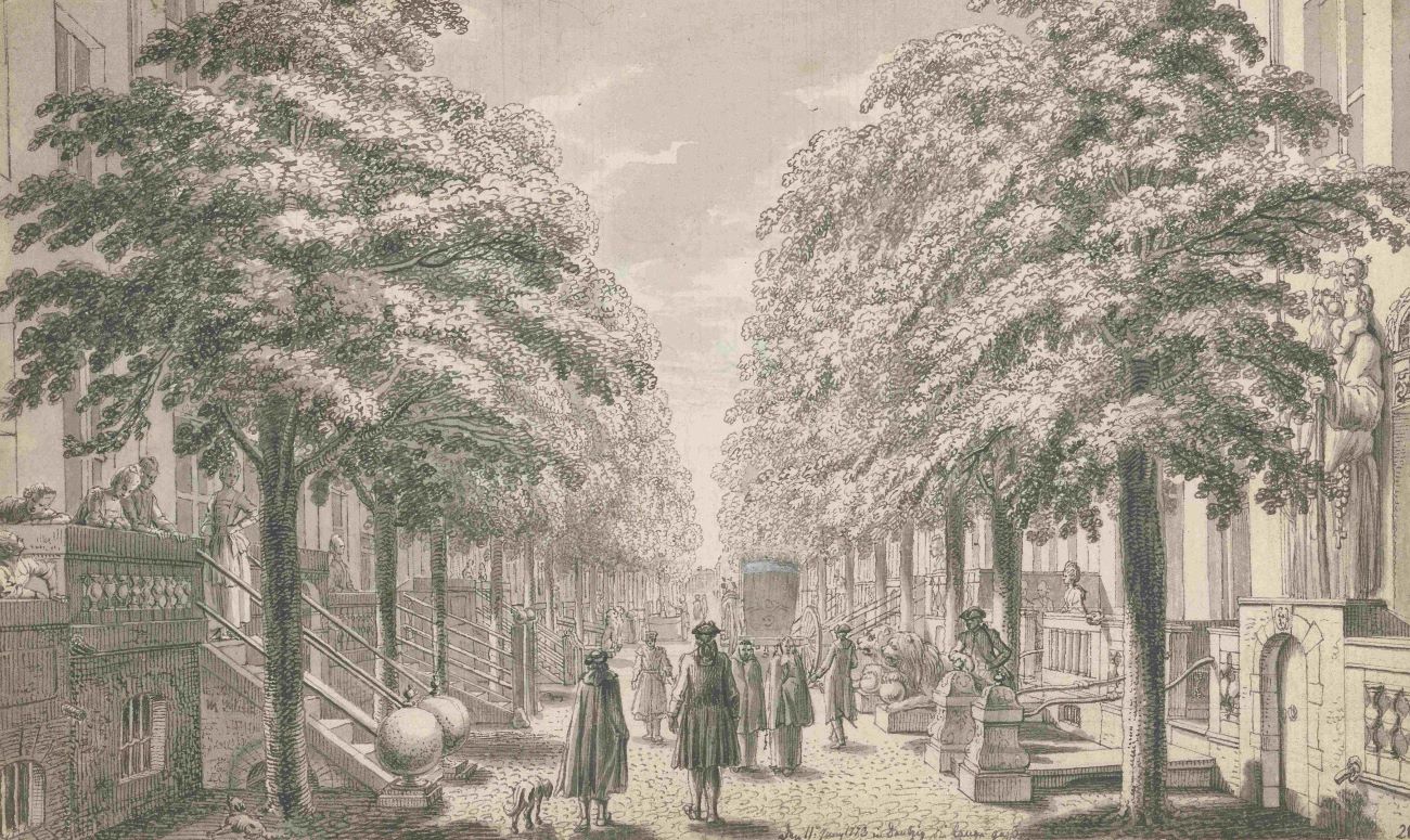 Daniel Chodowiecki: Die Langgasse in Danzig, Reise von Berlin nach Danzig, 1773 (Ausschnitt) Federzeichnung, 11,2 x 18,4 cm, © Akademie der Künste, Berlin, Kunstsammlung, Inv.-Nr.: Chodowiecki 21